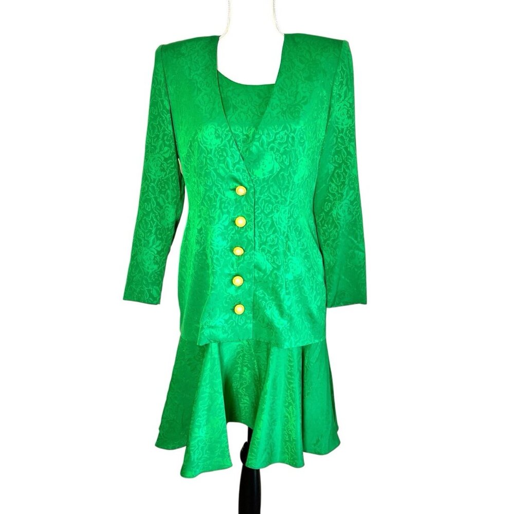 Andrea Gayle Leslie Faye Petites 2pc Green Jacquard Dress Jacket Set 90s Medium